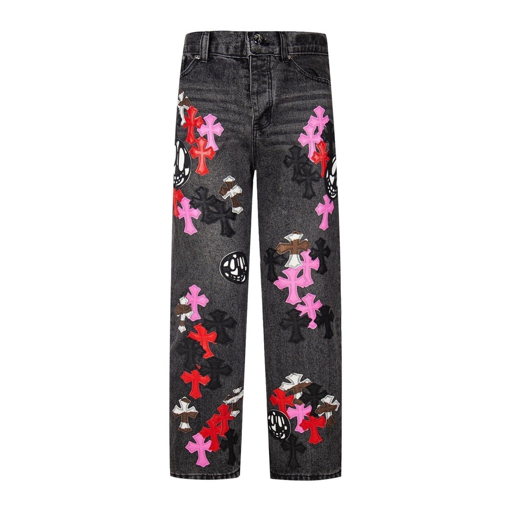 Chrome-Hearts Multi Cross Patch Denim Jeans - Grey Gothic Street Pants 1111