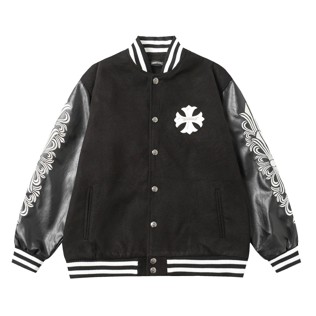 Chrome-Hearts Cross Embroidered Leather Sleeve Varsity Jacket - Black Street Style 116