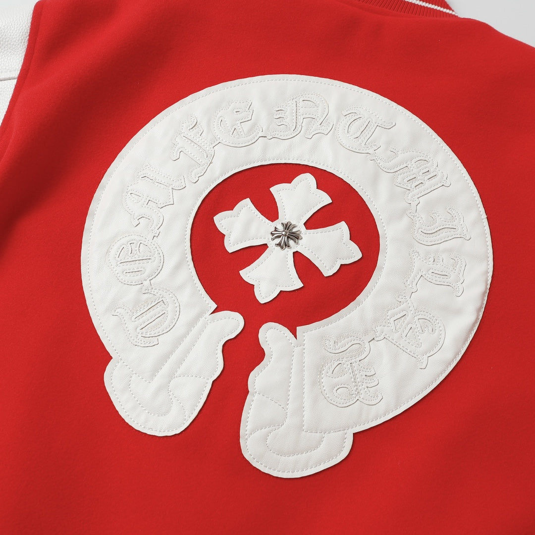 Chrome Hearts Red Cross Varsity Jacket - White Sleeve Gothic Street Baseball Coat D68