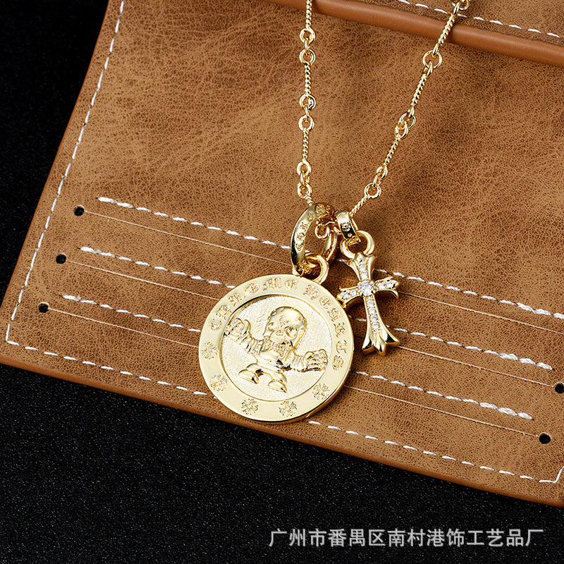 Chrome Hearts Gold Cross with Skull Round Tag Necklace