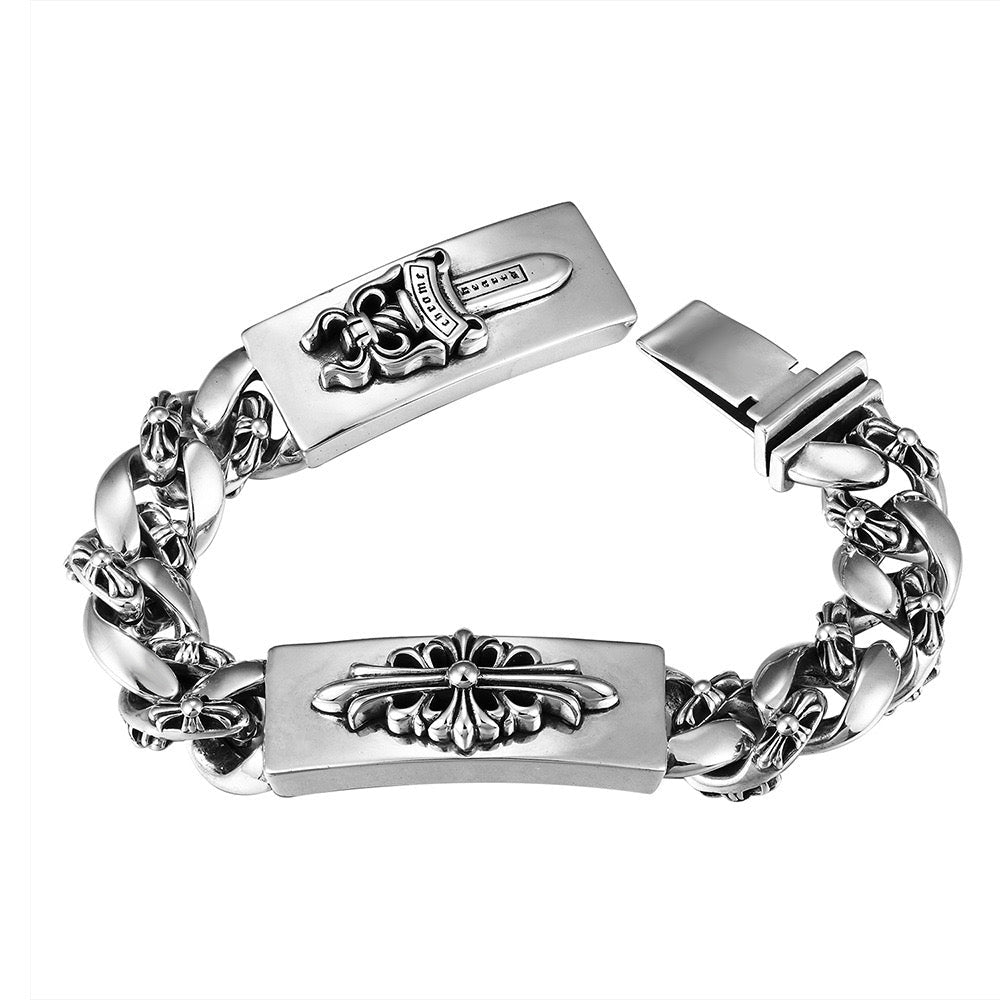 Chrome Hearts Dagger Cross Double Id Fancy Link Bracelet 8