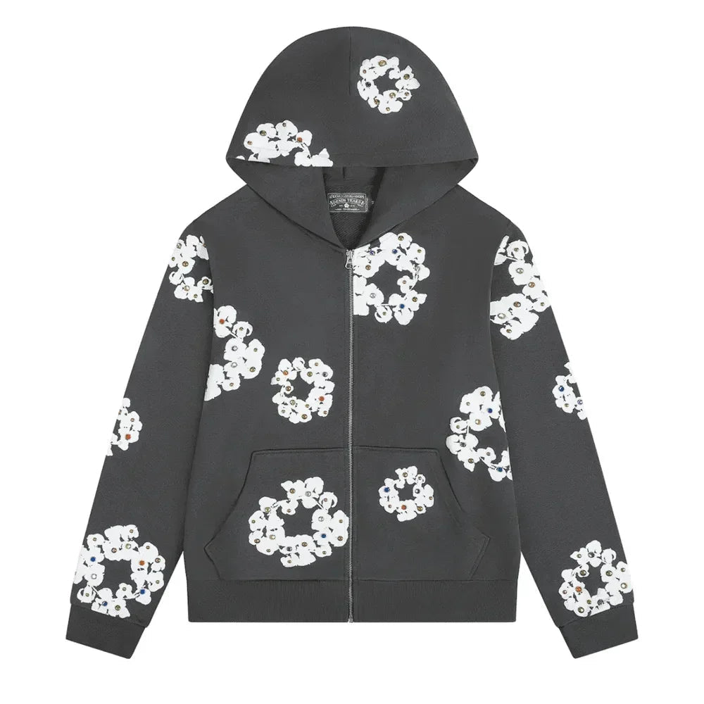 Denim Tears Rhinestone Wreath Zip Hoodie Vintage Black