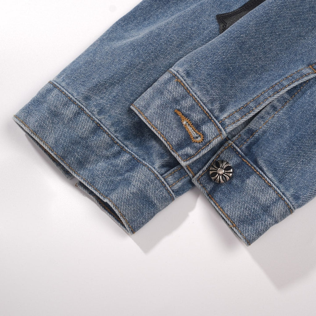 Chrome-Hearts Patchwork Denim Jacket - Vintage Blue Gothic Street Jacket 0789