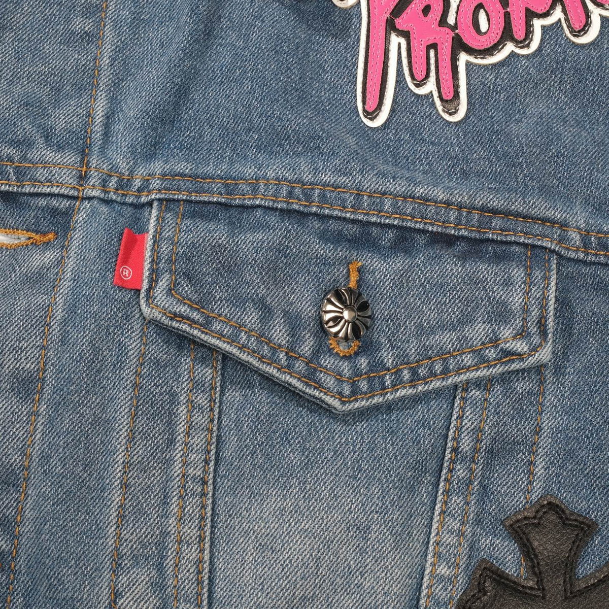 Chrome-Hearts Patchwork Denim Jacket - Vintage Blue Gothic Street Jacket 0789